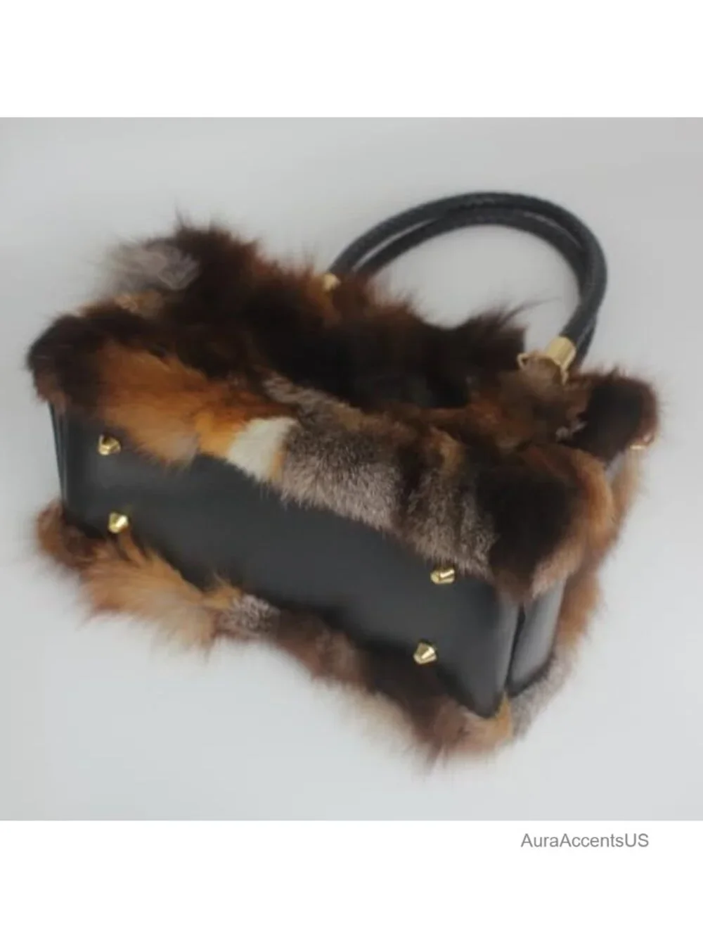 Genuine Fox Fur Handbag with Leather Handle Medium Satchel Bag